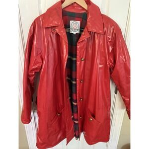 VTG J.G. Hook Red Vinyl Raincoat Jacket Womens Medium Plaid Lined Glossy Slicker
